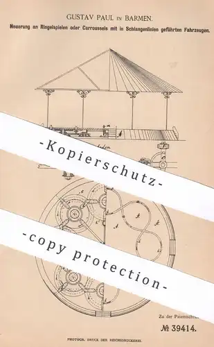 original Patent - Gustav Paul , Barmen , 1886 , Ringelspiele , Carroussel , Karussell mit Fahrzeug | Schausteller !!