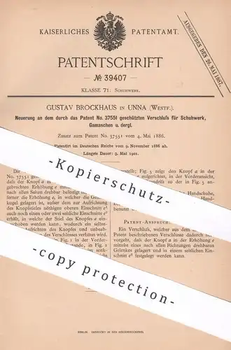 original Patent - Gustav Brockhaus , Unna , 1886 , Verschluss für Schuhwerk , Gamaschen | Schuh | Schuster , Schuhmacher