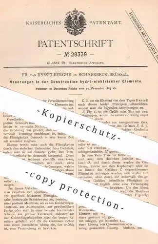 original Patent - Fr. van Rysselberghe , Schaerbeck Brüssel 1883 , Konstruktion hydro elektrischer Elemente | Elektrode