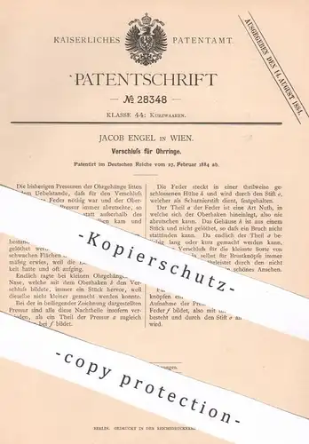 original Patent - Jacob Engel , Wien , Österreich , 1884 , Verschluss für Ohrringe | Ohrring | Schmuck , Goldschmied !