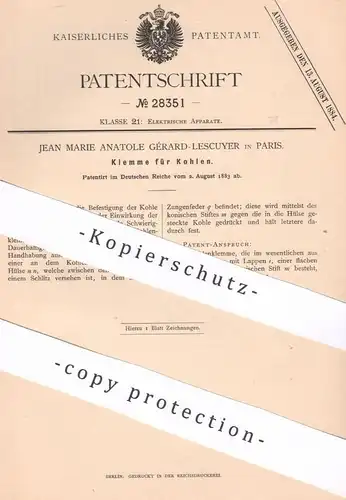 original Patent - Jean Marie Anatole Gérard Lescuyer , Paris , Frankreich | 1883 | Klemme für Kohlen | Kohlenklemme