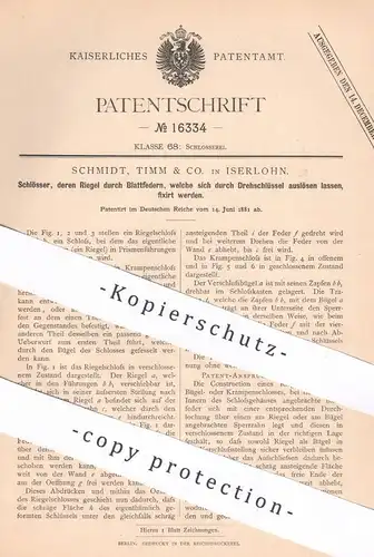 original Patent - Schmidt , Timm & Co. , Iserlohn , 1881 , Schloss | Riegelschloss | Schlosser , Türschloss , Riegel !!