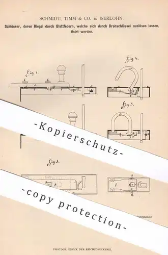 original Patent - Schmidt , Timm & Co. , Iserlohn , 1881 , Schloss | Riegelschloss | Schlosser , Türschloss , Riegel !!