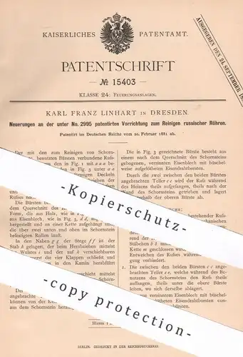 original Patent - Karl Franz Linhart , Dresden , 1881 , Reinigen russischer Röhren | Rohr , Röhre | Schornstein , Esse