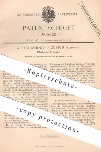 original Patent - Albert Schmid , Zürich , Schweiz , 1888 , Flüssigkeits- Zerstäuber | Schädlingsbekämpfung | Spritze
