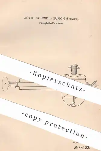 original Patent - Albert Schmid , Zürich , Schweiz , 1888 , Flüssigkeits- Zerstäuber | Schädlingsbekämpfung | Spritze