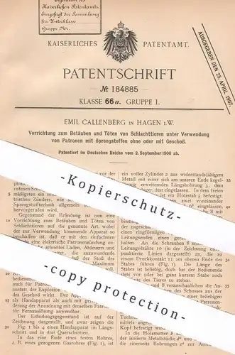 original Patent - Emil Callenberg , Hagen , 1906 , Betäuben und Töten von Schlachttier per Patrone mit Sprengstoff !!!