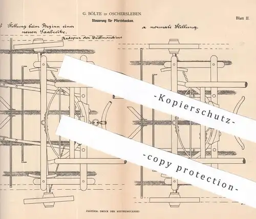 original Patent - G. Bölte , Oschersleben , 1883 , Steuerung für Pferdehacken | Hacke , Pflug , Egge | Landwirtschaft !