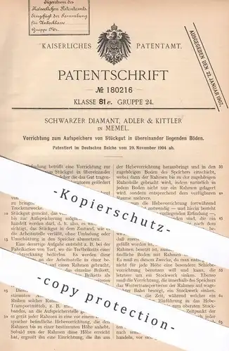 original Patent - Schwarzer Diamant, Adler & Kittler , Memel , 1904 , Aufspeichern von Stückgut | Hebezeug | Aufzug !!