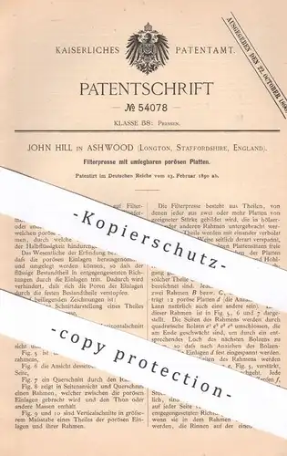 original Patent -  John Hill , Ashwood , Longton , Staffordshire , England , 1890 , Filterpresse | Filter | Presse !!