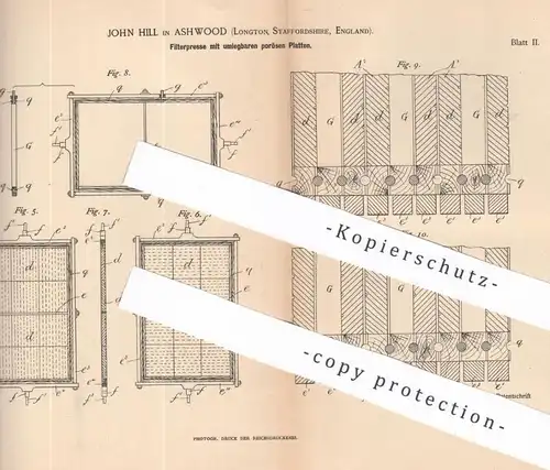 original Patent -  John Hill , Ashwood , Longton , Staffordshire , England , 1890 , Filterpresse | Filter | Presse !!