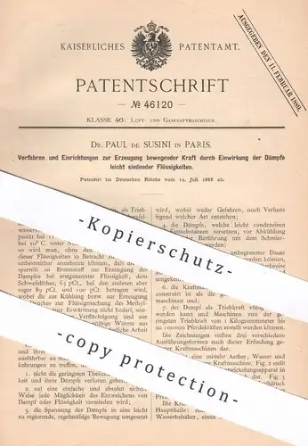 original Patent - Dr. Paul de Susini , Paris , Frankreich , 1888 , Erzeugung bewegender Kraft | Gasmotor , Motor !!