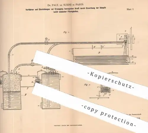 original Patent - Dr. Paul de Susini , Paris , Frankreich , 1888 , Erzeugung bewegender Kraft | Gasmotor , Motor !!