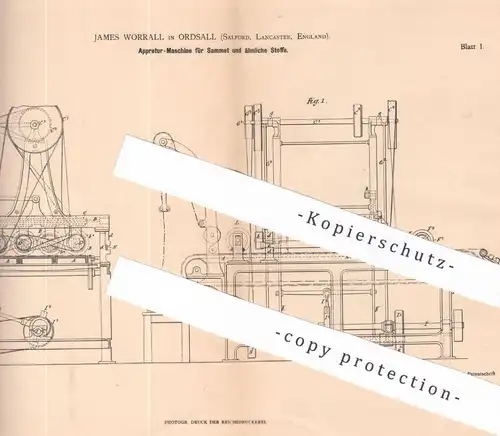 original Patent - James Worrall , Ordsall , Salford , Lancaster , England , 1881 , Appretur-Maschine für Sammt | Samt !!