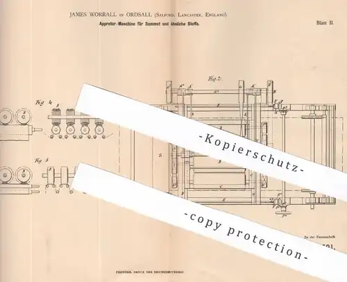 original Patent - James Worrall , Ordsall , Salford , Lancaster , England , 1881 , Appretur-Maschine für Sammt | Samt !!