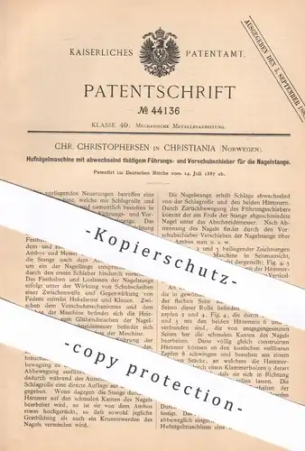 original Patent - Chr. Christophersen , Christiania , Norwegen , 1887 , Hufnägelmaschine | Hufnagel , Huf , Hufschmied