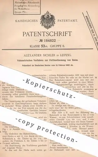 original Patent - Alexander Sichler , Leipzig , 1906 , Volumetrisches Verfahren zur Fettbestimmung von Rahm | Fett !!