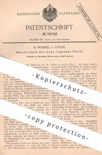 original Patent - H. Wimmel , Kassel , 1894 , Spazierstock mit innen liegender Pfeife | Stock , Reisestock , Gehstock