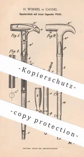 original Patent - H. Wimmel , Kassel , 1894 , Spazierstock mit innen liegender Pfeife | Stock , Reisestock , Gehstock