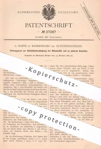 original Patent - G. Hoppe , Bahrendorf / Altenweddingen , 1883 , Alkalitätsbestimmung bei Rübensaft | Rüben - Saft