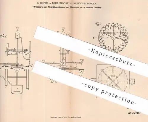 original Patent - G. Hoppe , Bahrendorf / Altenweddingen , 1883 , Alkalitätsbestimmung bei Rübensaft | Rüben - Saft