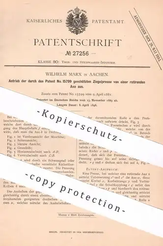 original Patent - Wilhelm Marx , Aachen , 1883 , Antrieb für Ziegelpresse | Ziegel , Presse , Ziegelei , Ton , Klinker !