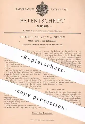 original Patent - Theodor Neumann , Oppeln , 1895 , Hobel für Kraut , Gurken , Bohnen , Gemüse | Reibe , Messer !!