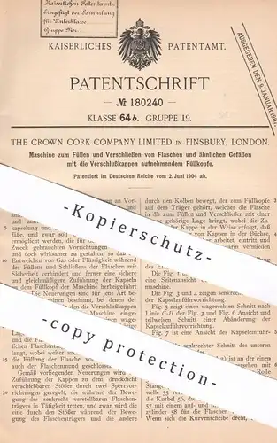 original Patent - The Crown Cork Company Limited , Finsbury , London , England 1904 , Füllen & Verschließen von Flaschen