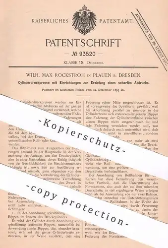 original Patent - Wilh. Max Rockstroh , Plauen / Dresden , 1895 , Zylinderdruckpresse | Druckpresse , Druck , Presse !!