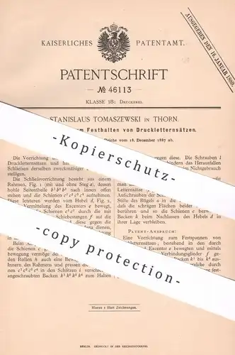 original Patent - Stanislaus Tomaszewski , Thorn , 1887 , Festhalten von Druckletternsätzen | Druck , Letter , Druckerei