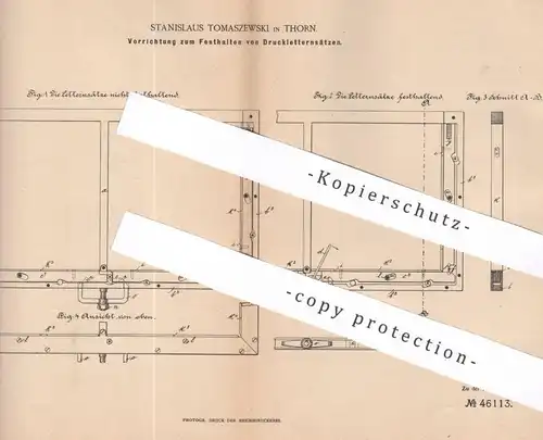 original Patent - Stanislaus Tomaszewski , Thorn , 1887 , Festhalten von Druckletternsätzen | Druck , Letter , Druckerei