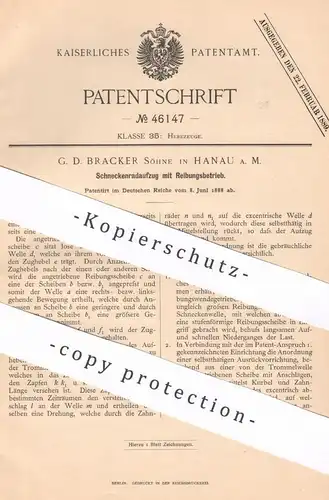 original Patent - G. D. Bracker Söhne , Hanau / Main , 1888 , Schneckenradaufzug mit Reibungsbetrieb | Aufzug , Hebezeug