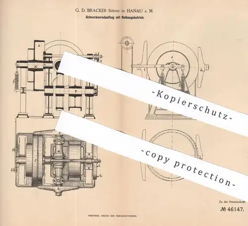 original Patent - G. D. Bracker Söhne , Hanau / Main , 1888 , Schneckenradaufzug mit Reibungsbetrieb | Aufzug , Hebezeug