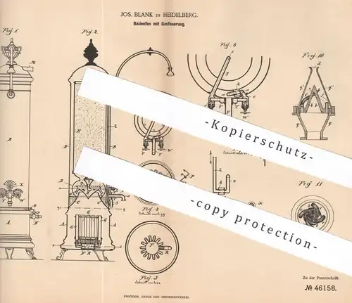 original Patent - Jos. Blank , Heidelberg , 1887 , Badeofen mit Gasfeuerung | Ofen , Öfen , Ofenbauer , Gas , Heizung