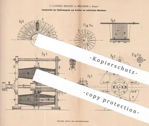 original Patent - C. Ludwig Imhoff , Mülheim / Ruhr 1883 , Elektromagnete u. Armatur an elektrischen Maschinen | Dynamo