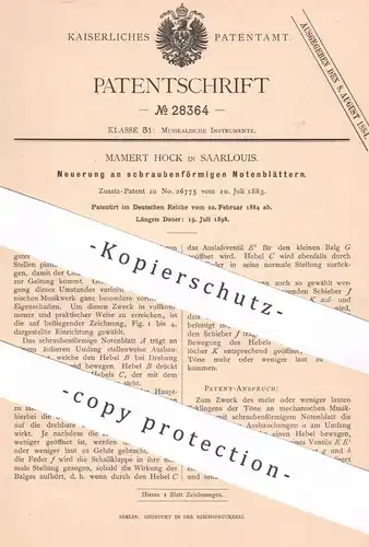 original Patent - Mamert Hock , Saarlouis , 1884 , schraubenförmige Notenblätter | Musikinstrument , Noten , Ton , Musik