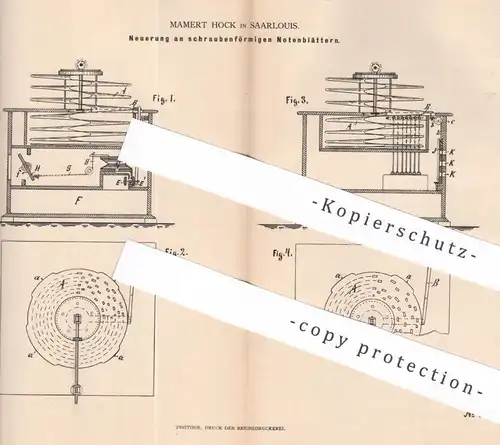 original Patent - Mamert Hock , Saarlouis , 1884 , schraubenförmige Notenblätter | Musikinstrument , Noten , Ton , Musik