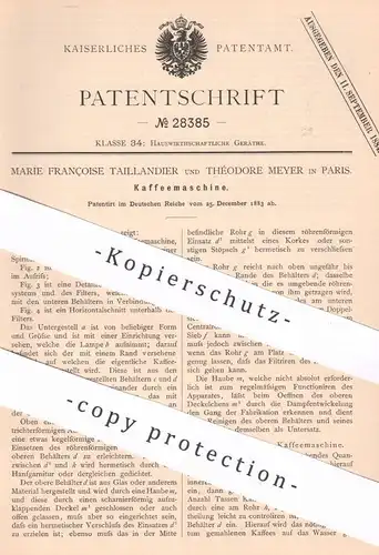 original Patent - Marie Françoise Taillandier , Thédore Meyer , Paris Frankreich , 1883 , Kaffeemaschine | Kaffee , Café