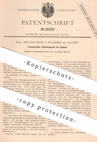 original Patent - William Prym , Stolberg / Aachen , 1884 , Wärmeapparat für Speisen | Kochherd , Herd , Kochen , Koch !