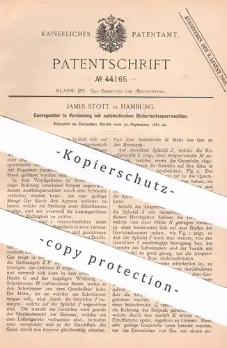 original Patent - James Stott , Hamburg , 1887 , Gasregulator | Gas , Gase | Regulator , Ventil , Gasleitung | Licht !