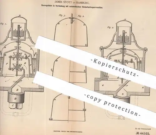 original Patent - James Stott , Hamburg , 1887 , Gasregulator | Gas , Gase | Regulator , Ventil , Gasleitung | Licht !