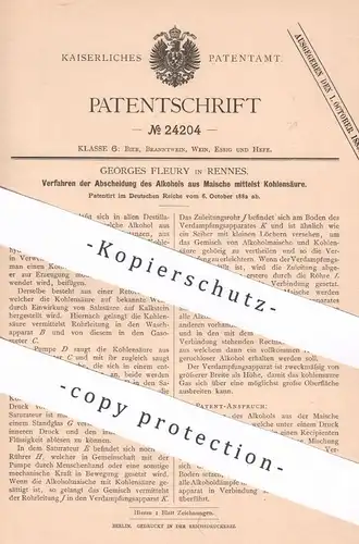 original Patent - Georges Fleury , Rennes , Frankreich , 1882 , Abscheidung von Alkohol aus Maische mit Kohlensäure