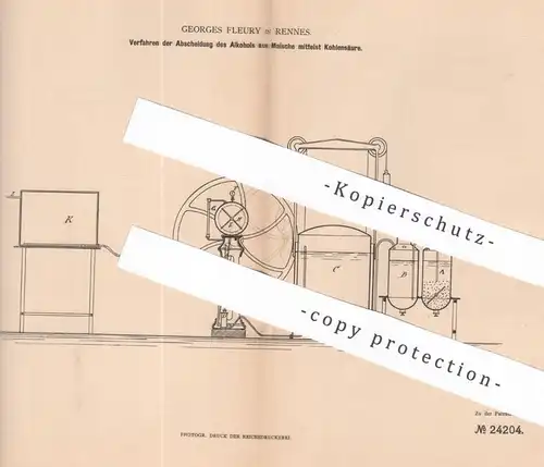 original Patent - Georges Fleury , Rennes , Frankreich , 1882 , Abscheidung von Alkohol aus Maische mit Kohlensäure