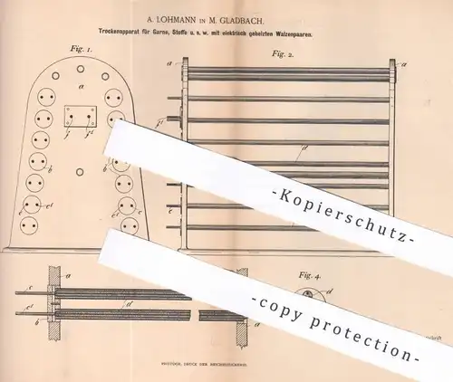 original Patent - A. Lohmann , Mönchengladbach , 1894 , Trockenapparat für Garn , Stoff | Gewebe , Schneider !!