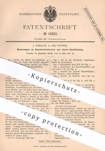 original Patent - J. Görlitz , Neuruppin , 1881 , Rauchrohrbürste | Rauchrohr - Bürste | Ofen , Öfen , Schornsteinfeger