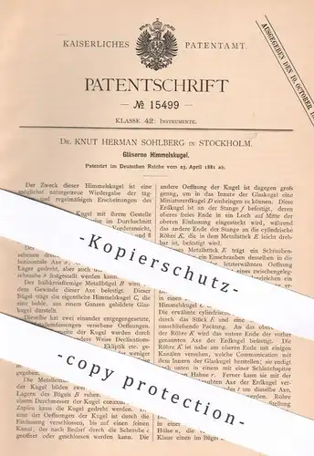original Patent - Dr. Knut Hermann Sohlberg , Stockholm , Schweden , 1881 , Gläserne Himmelskugel | Himmel , Astronomie