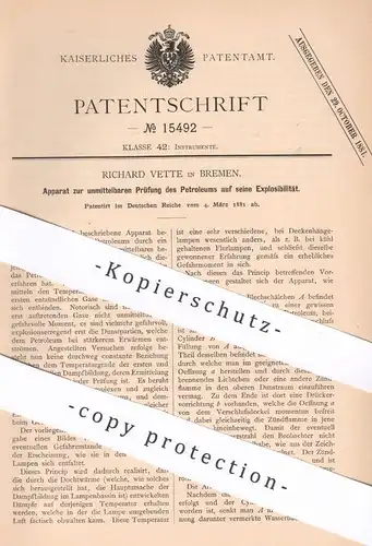 original Patent - Richard Vette , Bremen , 1881 , Prüfung von Petroleum auf Explosibilität | Lampe , Laterne