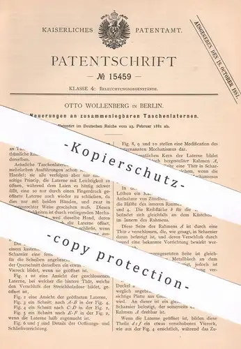 original Patent - Otto Wollenberg , Berlin , 1881 , zusammenlegbare Taschenlaterne | Taschenlampe , Lampe , Laterne !!