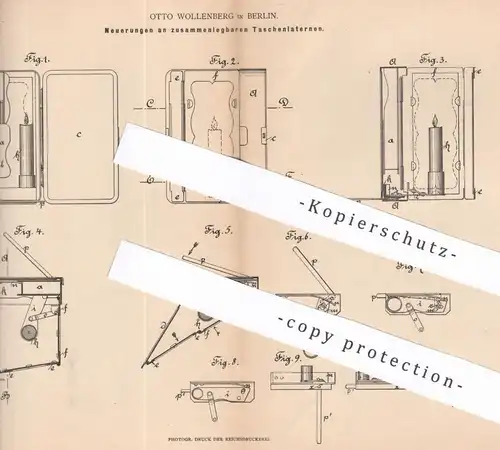 original Patent - Otto Wollenberg , Berlin , 1881 , zusammenlegbare Taschenlaterne | Taschenlampe , Lampe , Laterne !!