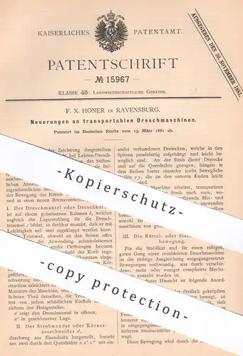 original Patent - F. X. Honer , Ravensburg , 1881 , transportable Dreschmaschine | Drescher , Stroh , Getreide !!